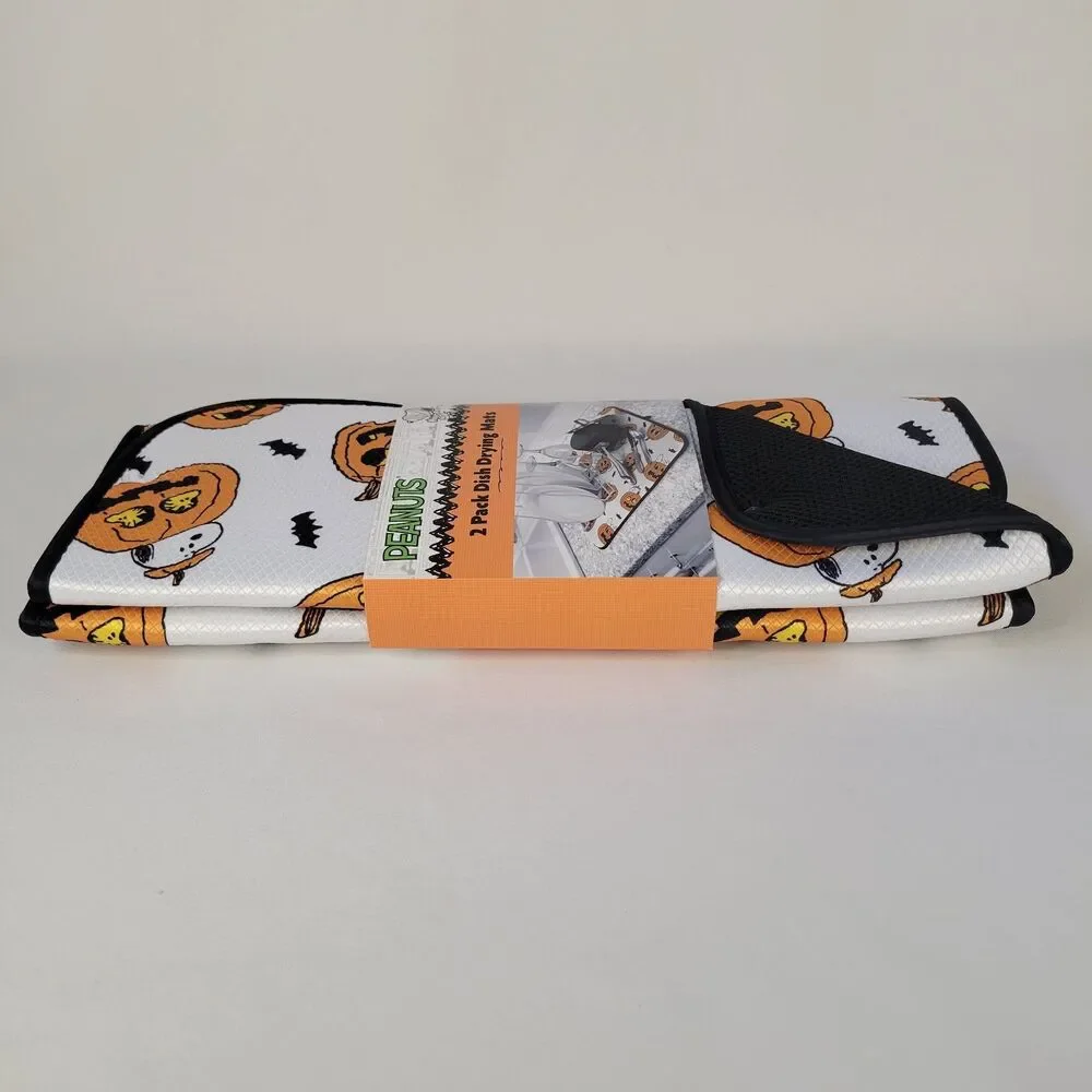 2pk Peanuts Snoopy Dish Drying Mats 16”x18” Halloween Jack-O-Lanterns Bats White